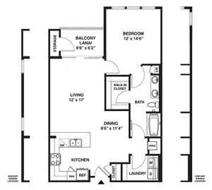 Modern 1-bedroom apartment floor plan with spacious living area, dining, kitchen, balcony, and walk-in closet.