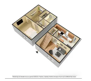 Modern two-story floor plan featuring an inviting living room, sleek kitchen, cozy bedroom, and stylish bathroom with wooden accents.