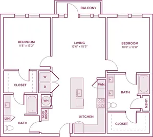 1178 square foot two bedroom two bath apartment floor plan in Houston, TX