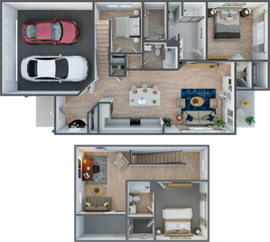 Modern two-story apartment floor plan featuring three spacious bedrooms, a stylish open-concept kitchen with island, a cozy living area, and a convenient two-car garage.