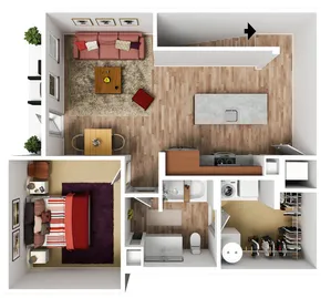 Modern floor plan showcasing an elegant one-bedroom with an open living area, chic kitchen, and cozy balcony.