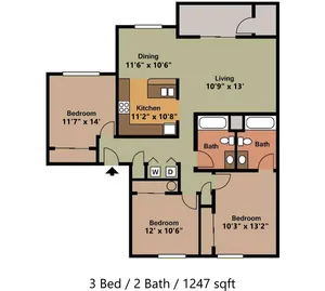 Modern 3-bedroom floor plan with spacious living and dining areas, efficient kitchen layout, and dual bathrooms for convenience.