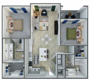 Contemporary 3D floor plan with 2 cozy bedrooms, stylish open-concept living area, and modern kitchen, complemented by elegant decor.