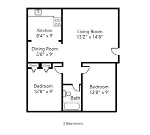 Contemporary floor plan featuring 2 bedrooms, an inviting living room, a cozy dining area, and a functional kitchen.