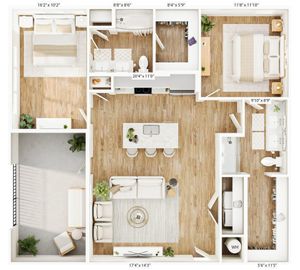 Elegant 2-bedroom floor plan with open-concept living area and stylish kitchen.