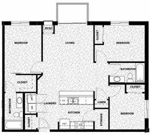 Modern floor plan showcasing 3 comfortable bedrooms, a spacious living area, and a sleek kitchen with laundry facilities.