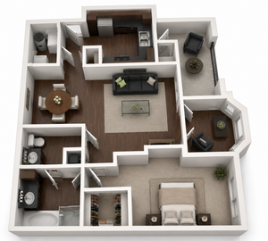 Inviting 3D floor plan with one bedroom, spacious living area, modern kitchen, and elegant dining space.