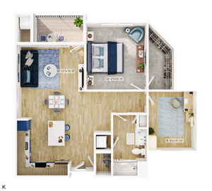 Chic 2D floor plan showcasing a spacious apartment with two bedrooms, a modern kitchen, open-concept living area, and private balcony.