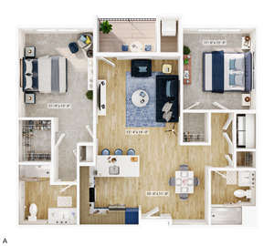 Chic 2D floor plan featuring two spacious bedrooms, an inviting living room, modern open kitchen, and elegant dining area with natural lighting.