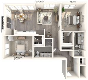 1202 to 1219  square foot two bedroom two bath apartment floorplan image