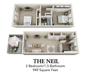 Elegant 3D floor plan of \'The Thurber\' showcasing 2 bedrooms, 1.5 bathrooms, an inviting open-concept living area, and a stylish kitchen, spanning 949 square feet.