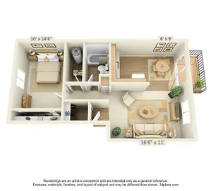 Contemporary 3D floor plan showcasing a spacious living room, cozy dining area, modern kitchen, and a comfortable bedroom.