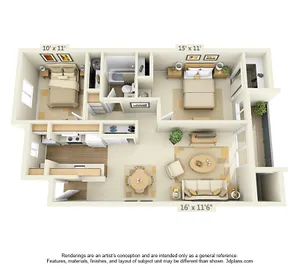 Elegant 3D floor plan highlighting 2 bedrooms, cozy living room, and modern kitchen, perfect for a stylish home.