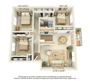 Charming 3D floor plan with three cozy bedrooms, a spacious living area, a modern open-concept kitchen, and a quaint balcony, ideal for contemporary living.