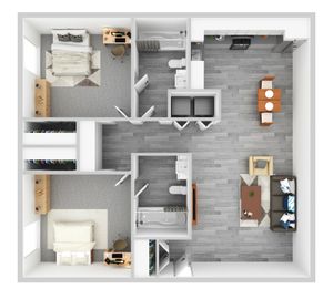 Modern floor plan with two spacious bedrooms, two elegant bathrooms, a sleek kitchen, and an inviting open-concept living area.
