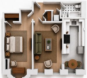 Modern 3D floor plan featuring a cozy bedroom, elegant open living room, sleek kitchen, and stylish bathroom.