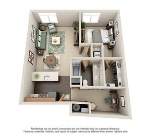 Marketplace Flats, 1 Bedroom + Den Floorplan