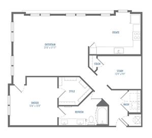 Modern floor plan featuring a spacious entertaining area, sleek kitchen with study space, cozy bedroom, and elegant bathroom with laundry nook.