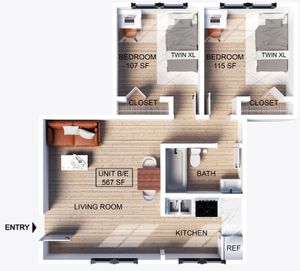 Two bedroom, one bathroom apartment floor plan