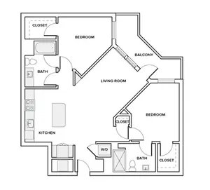 1075-1157 square foot two bedroom two bath apartment floor plan in Houston, TX