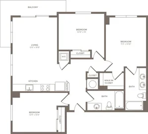 1167 square foot three bedroom two bath apartment floorplan image