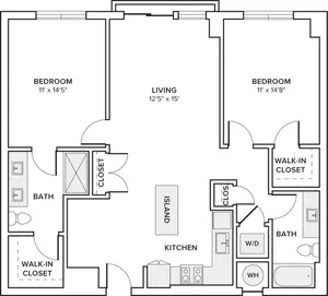 1152 square foot two bedroom two bath apartment floorplan image