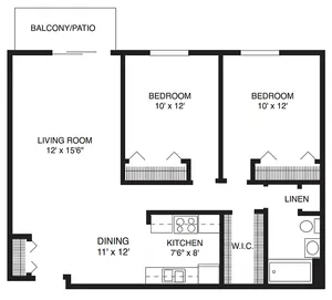 2 Bedroom, 1 Bathroom Floor Plan at Willow Hill Apartments in Justice IL