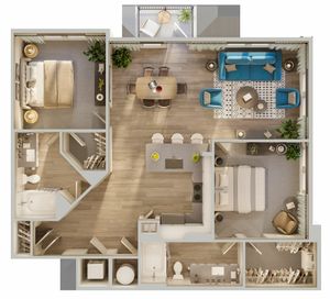 Modern floor plan showcasing 2 bedrooms, open-concept living and dining area, stylish kitchen with island, two bathrooms, and a cozy balcony.