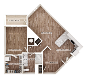 Contemporary floor plan showcasing a stylish one-bedroom apartment with open-concept living area, modern kitchen, and private balcony.