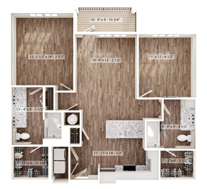 Modern 3D floor plan showcasing two spacious bedrooms, a stylish kitchen with an island, and a cozy living area leading to a private balcony.