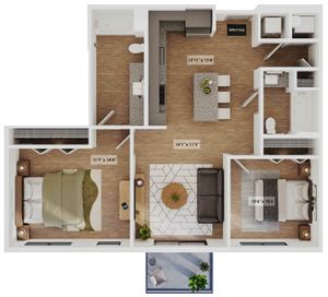 Modern open-concept floor plan featuring two spacious bedrooms, a stylish kitchen island, and a cozy living area with access to a charming balcony.