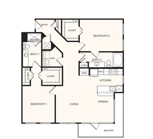 Modern floor plan showcasing 2 bedrooms, 2 bathrooms, spacious living area, and kitchen with dining space, complete with a balcony.