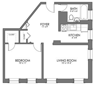 Charming floor plan featuring one bedroom, a cozy kitchen, and a spacious living room with a foyer.