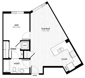 one bedroom apartment floor plan with open living area, kitchen, bedroom, bathroom, and walk-in closet.