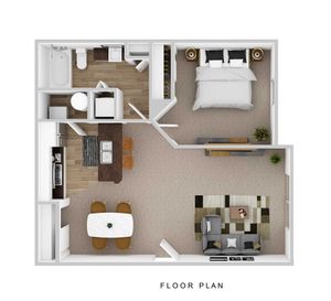 Inviting floor plan featuring a cozy one-bedroom, open living area, modern kitchen with dining space, and elegant bathroom.