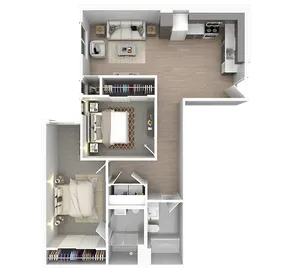 Modern 3D floor plan showcasing two bedrooms, a cozy open-plan living area, a sleek kitchen, and a pristine bathroom.