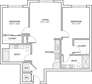 980 square foot two bedroom two bath apartment floorplan image
