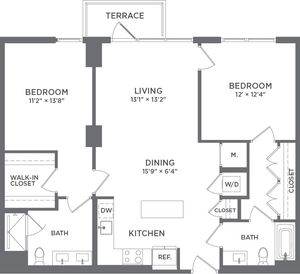 Modern apartment floor plan featuring 2 spacious bedrooms, open living and dining area, kitchen with island, walk-in closet, 2 bathrooms, and a charming terrace.