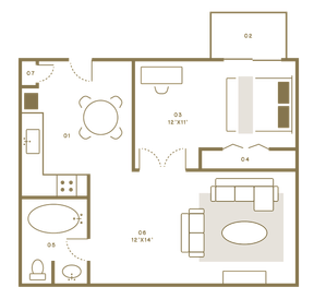 Chic floor plan showcasing a spacious 1 bedroom apartment with an open living-dining area, modern kitchen, and elegant bathroom layout.