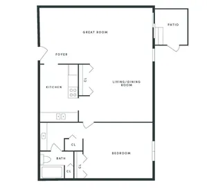 Modern floor plan featuring one bedroom, a spacious great room, functional kitchen, and a cozy patio.