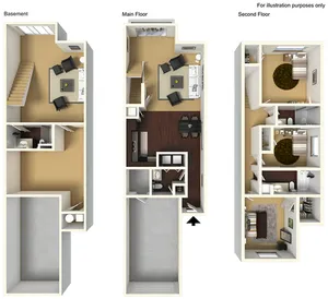 3D floor plan featuring a spacious layout with a basement, main floor with open living and dining area, and a second floor with two bedrooms and bathrooms.