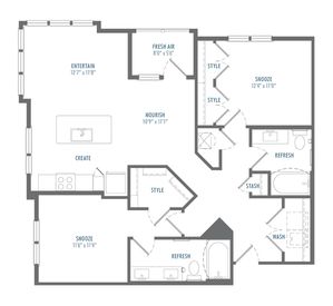 Contemporary floor plan with 3 bedrooms, large living area, and modern kitchen.