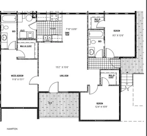 Hampton floor plan showcasing a spacious layout with a master bedroom, two additional bedrooms, open living room, dining room, kitchen, and two bathrooms. Features include walk-in closets and a charming deck area.
