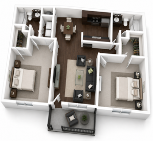Contemporary 3D floor plan of a modern apartment featuring two spacious bedrooms, a cozy living area, a dining space, and a stylish kitchen, complete with two bathrooms and a charming balcony.