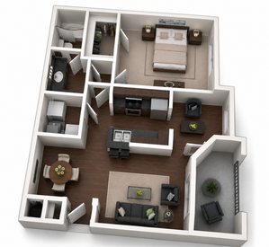 Inviting 3D floor plan showcasing a spacious 1-bedroom apartment with an open-concept living area, modern kitchen, and elegant bathroom, complemented by a cozy balcony space.