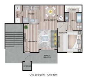 Elegant one-bedroom apartment floor plan with open living and dining area, spacious kitchen, cozy bedroom, and inviting porch/balcony.