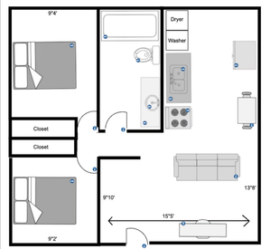 Modern apartment floor plan featuring 2 bedrooms, open living area, sleek kitchen, and in-unit washer and dryer.