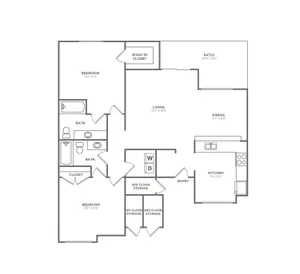 Floor plan map for a two bedroom apartment at Avana Lakeview in Clearwater, FL, featuring labeled rooms with dimensions.