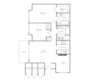 Inviting floor plan with two spacious bedrooms, two modern bathrooms, open living area, kitchen with appliances, and a private patio.