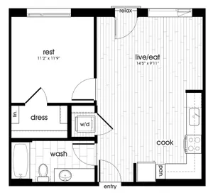 Spacious urban oasis floor plan with one bedroom, open living area, kitchen, and modern amenities.